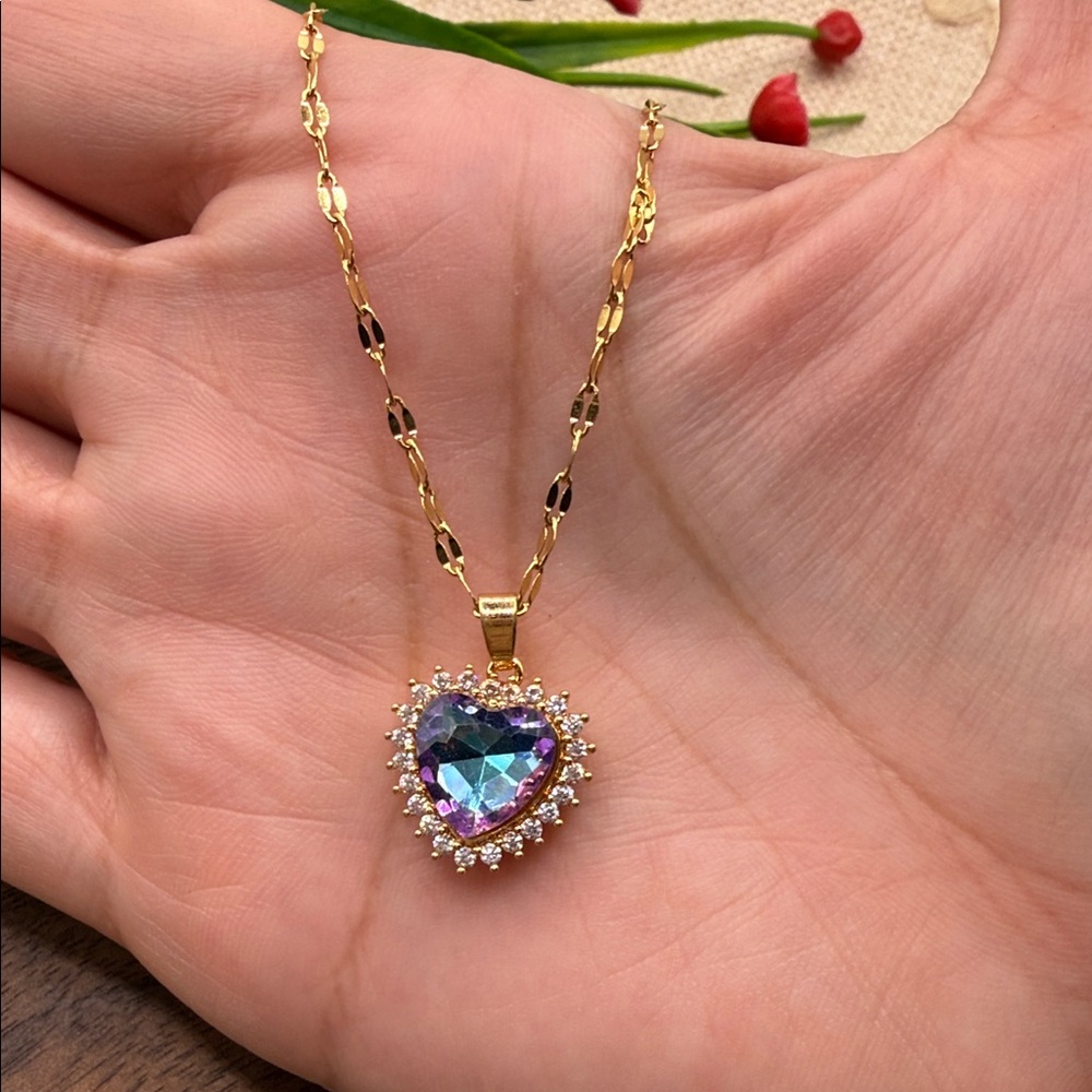 Gold Heart Pendant Necklace with Multicolor Gemstone steel 18k